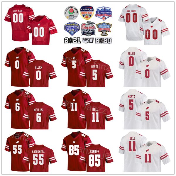 NCAA Football Wisconsin Badgers College 5 Graham Mertz Jersey 0 Braelon Allen 1 Chez Mellusi 11 Skyler Bell 55 Maema Njongmeta 85 Clay Cundiff University Sport Color