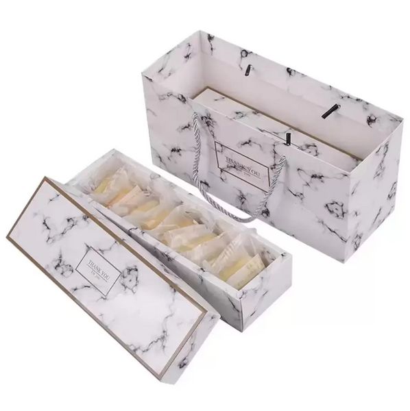 Geschenkpapier Flamingo-/Marmor-/Federmuster-Papierverpackungsbox Nougat-Kekse-Geschenkboxen Hochzeit Schokoladenkuchen Brot Pappe b1015