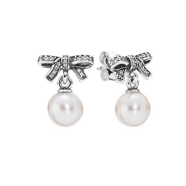 Weiße Perlen-Anhänger-Ohrstecker mit Originalverpackung für Pandora echtes 925er-Sterlingsilber, Schleife-Ohrringe für Frauen und Mädchen, Hochzeitsfeier-Schmuckset