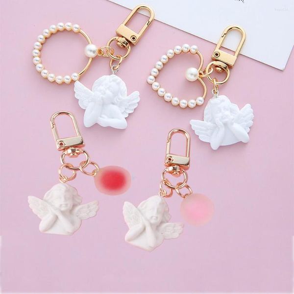 Keychains fofos Vintage White Angel Keychain for Women Girls Mini Pearl Heart Jelly Ball Ball Pingente Gold Color Keyring Car Chave dos Charms