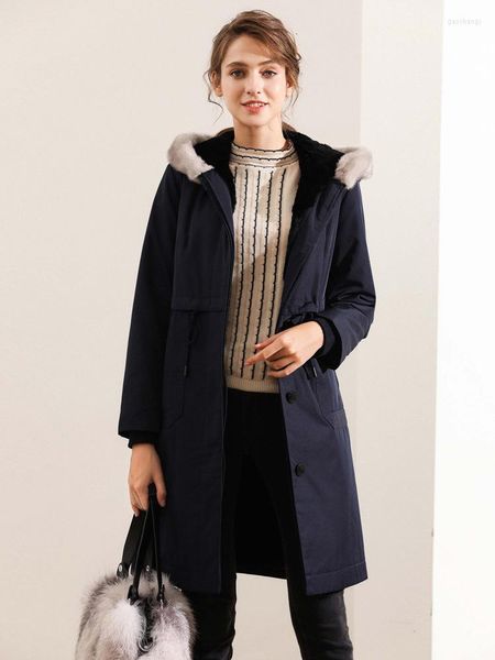 Trench da donna 2022 Giacca invernale da donna Parka lungo Cappotto reale Grande collo di pelliccia di procione Cappuccio foderato spesso naturale Parka Taglie forti