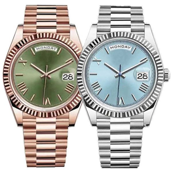 Relógios masculinos de Wristwatches 41mm Numeral romano verde Face Big Date Automático Vidro de safira resistente à água mecânica 904L Aço inoxidável es