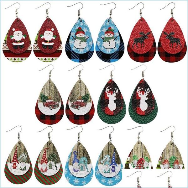 Ciondola Lampadario Pu Pelle Babbo Natale Mobile Love Check Pattern Waterdrop Pupazzo Di Neve Natale Alce Moda Ciondola Orecchio Pendenti Valen Dhhbw