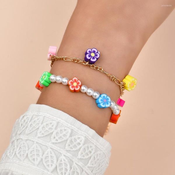 Link Bracelets Moda Bohemia Polímero étnico Flor de argila para mulheres charme pérolas simuladas Figaro Chain Firded Gifts