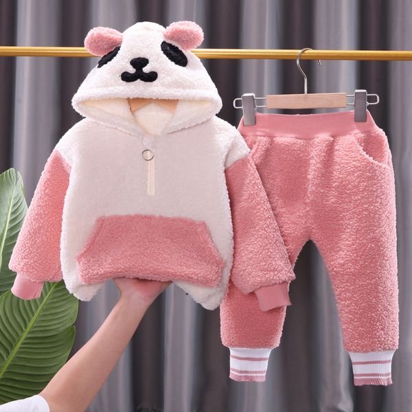 Çocuk kış kalın kıyafetler seti yeni bebek erkek sevimli karikatür panda setleri yürümeye başlayan çocuk fermuar pantolon kızlar giysi