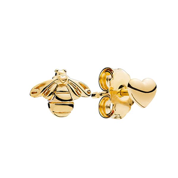 Orecchini a bottone con ape e cuore placcati in oro giallo con scatola originale per gioielli Pandora in argento sterling 925 per feste di moda per donne e ragazze