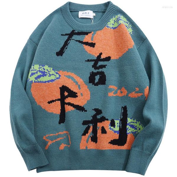 Suéteres masculinos homens hip hop jumper jumper chinês padrão impressão streetwear harajuku outono hipster malha de malha casual