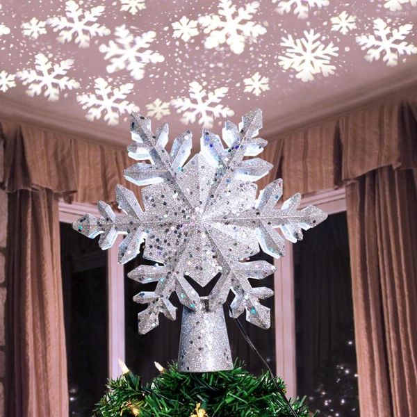 Weihnachtsdekorationen, Baumspitze, LED-Licht, Stern, Schneeflocken-Projektion, rotierende Glitzer-Top-Dekoration für das Jahr zu Hause
