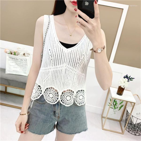 Canottiere da donna Camis da donna Canotte estive in pizzo Canotte T-shirt senza maniche da donna con scollo a V Beach Cover Up 2022 Fashion Crochet Vest Mujer Tee