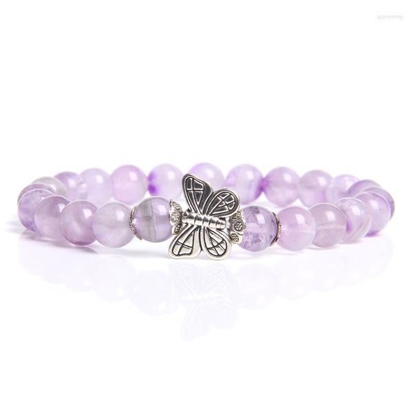 Strang Natürliche Amethysten Qyartz Kristall Perlen Armband Mode Antik Silber Farbe Schmetterling Perlen Charme Für Frauen Schmuck