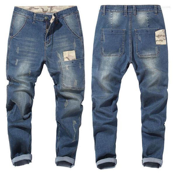Jeans masculinos da marca masculina Men Blue Dark Strech solto rasgado de streetwear angustiado calças de jeans casual retro hiphop jean homme