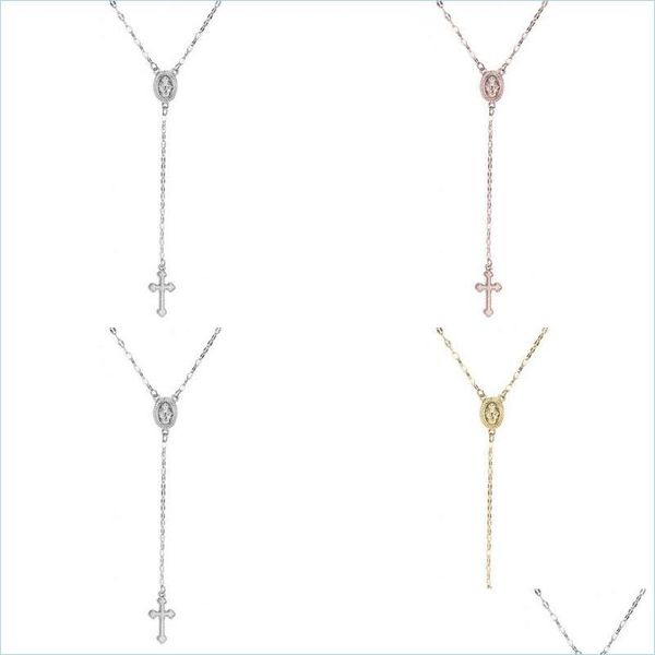 Colares de pendentes cruzam colar de rosário para mulheres virgens Maria Religiosa Jesus crucifix Sier Sier Rose Gold Chains Jeia de moda Dhphh