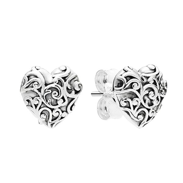 Vintage Love Heart Ohrstecker aus echtem 925er Sterlingsilber, Hochzeit, Party-Schmuck für Frauen, Grills mit Originalverpackung für herzförmige Pandora-Geschenkohrringe