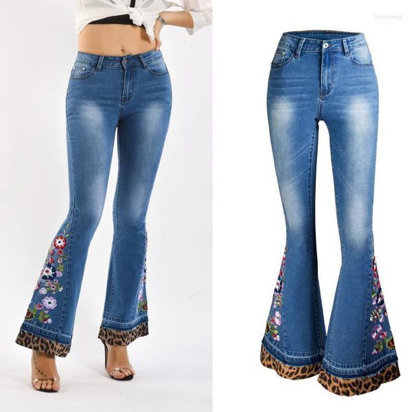 Damen Jeans Damen Baumwolle Stickerei Blume Skinny Bell Bottom Push Up Hip Lift Denim Hosen Stretch Patchwork Leopard Jean