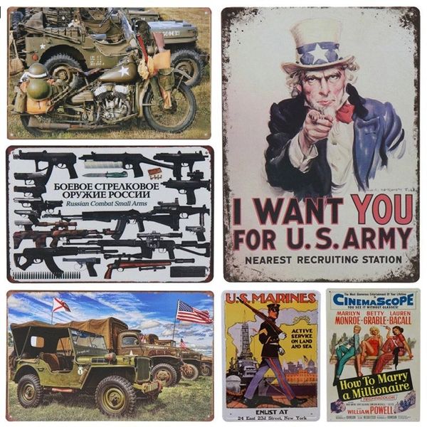 Auto per auto motocicletta Army Art Metal Painting Decoration Vintage Route 66 Tin Segno Plate Poster Decorazioni per la casa per bar Pub Cafe Metal Iron Art Plaques Adesivi dimensioni 30x20cm