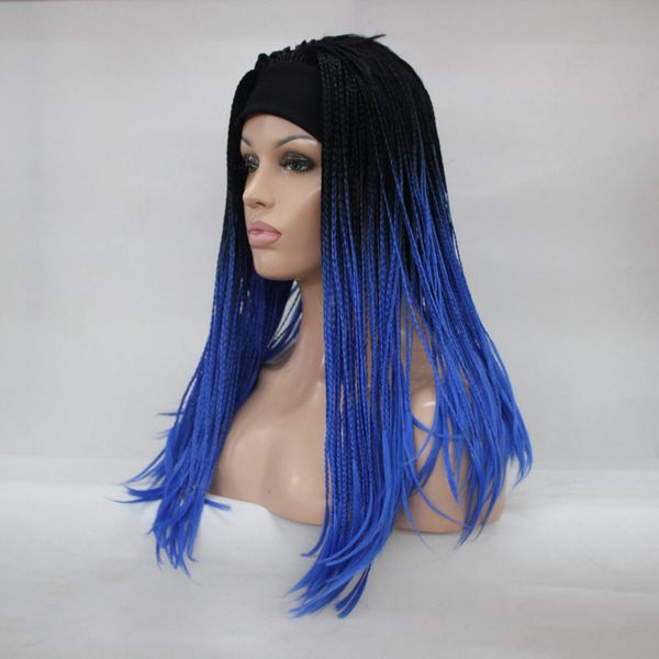 ombre preto e azul 3/4 peruca com faixas para a cabe￧a longa sint￩tica feita ￠ m￣o peruca