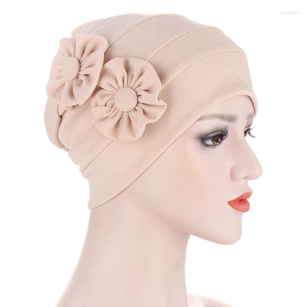 Gorro Feio/crânio Caps Mulheres Mulheres Solid Color Feanie Cap Two Applique Side Muslim India Hat Ruffle Cancer Chemo Stretch Turban Hats