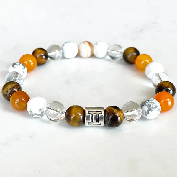 Strand MG1699 Womens Gemini Zodiac Bracciale 8 MM Arancione Agata Tiger Eye Howlite Crystal Energy Wrist Mala Gioielli con pietre preziose naturali