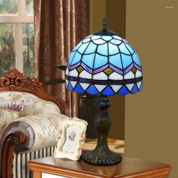 Tischlampen, europäische Mittelmeer-Tiffany-Buntglas-Leuchten, Vintage-blaue Nachttischlampe für türkisches Wohnzimmer, Schlafzimmer, Schreibtischlampe