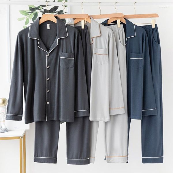 Herren-Nachtwäsche, Herren-Pyjama, Frühling und Herbst, langärmelige Hose, Modal-Hauskleidung, dünn, XXXXL, Plus-Fat-Size-Anzug, Umlegekragen