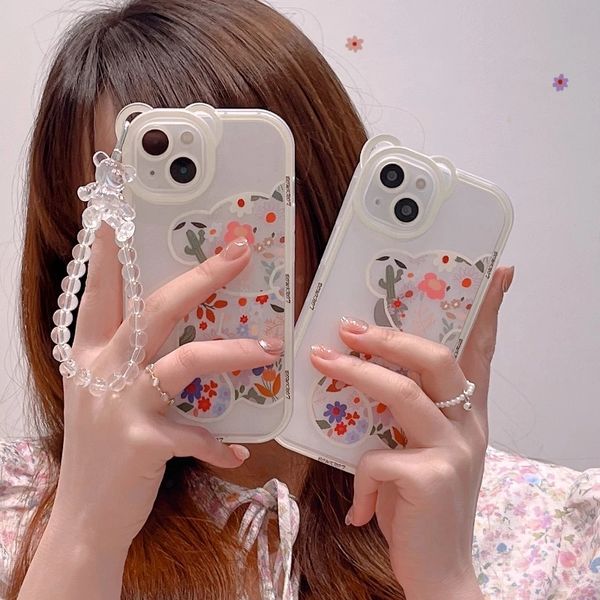 3D Case Bear Bear War Flower Transparent Hange Phone Chain Silicone Case для iPhone 13 11 14 Pro Max 12 xr x xs Защитная прозрачная мягкая крышка