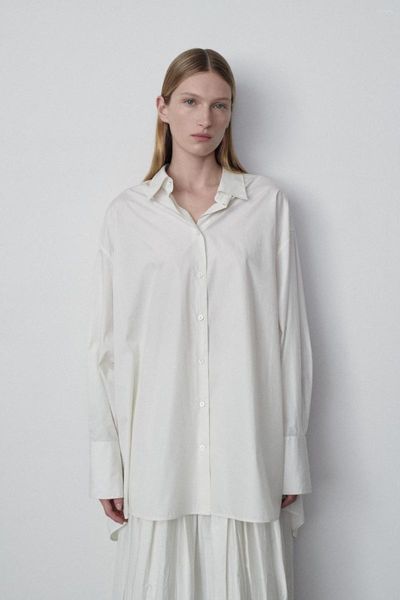 T-shirt da donna TheR0w Autunno Camicia da donna Camicetta a maniche lunghe in cotone Colletto rovesciato Allentato Casual Oversize Colore bianco con etichetta
