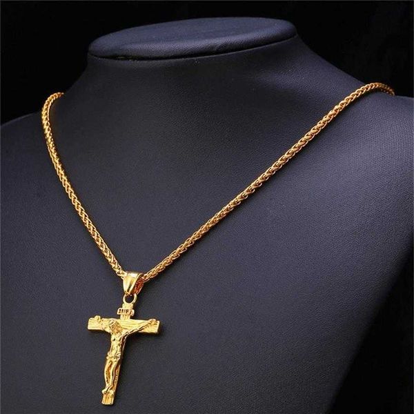 Anhänger Halsketten Gold Silber Kette Halskette für Männer Jesus Stück Trendy 18k vergoldet Edelstahl Inri Kruzifix Kreuz Schmuck A56