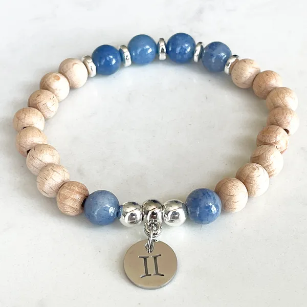 Strand MG1737 Neues Design Zwillinge Sternzeichen Armband für Frauen 8 mm Woodbaeds Blauer Aventurin Chakra Handgelenk Mala Handgefertigter Edelsteinschmuck