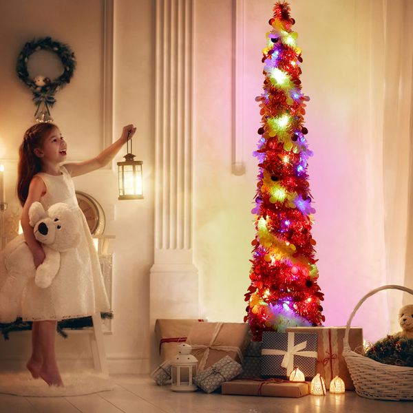 Decorazioni natalizie OurWarm 5ft Pop Up Tinsel Albero di Natale Albero di Natale artificiale pieghevole con luci 8 modalità Decorazione natalizia per la casa 221014