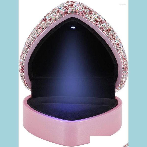 Sacchetti per gioielli Borse Sacchetti per gioielli Borse Strass a forma di cuore Anello di fidanzamento Scatola Veet Stand Orecchini Moneta con Led Light Up Pro Dhj2X