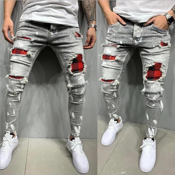 Erkekler Kotlar Erkekler İnce Fit Sıradan Erkek Ekose Ekose Deliği Streç Denim Pantolon Kentsel Homme Orijinal Street Giyim Moda Marka Giysileri