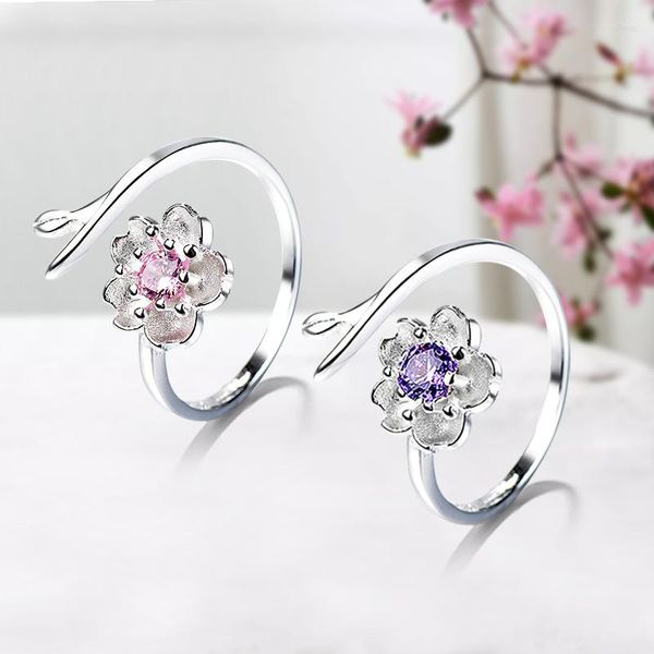 Обручальные кольца женская мода милая сакура цветочный шарм кубик Ziron Stone Prong Setry Simple Style Романтический открытый кольцо ювелирные изделия