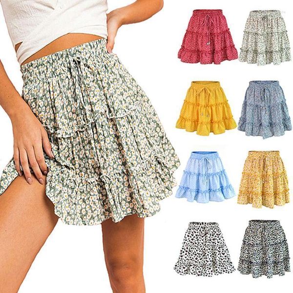 Saias estampa floral boho algodão sexy mini-saia plissada babados midiskirt bandagem moda alta cintura frill bill bill short curto