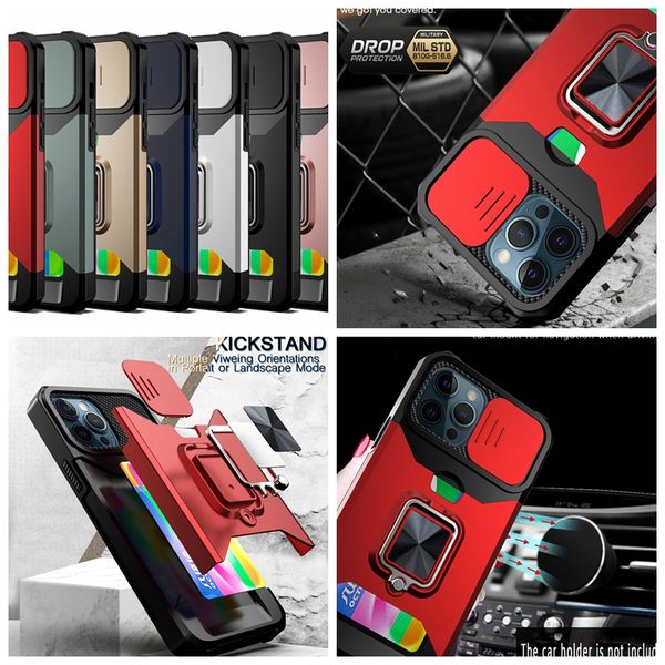 Slot per schede Pocket Slide CamShield Custodie per lenti per Iphone 14 MAX Plus 13 12 11 Pro XS XR X Supporto per auto Magnete Aspirazione Hard PC TPU Strato ibrido Copertura antiurto per anello dito