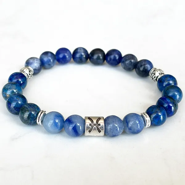 Strand Mg1672 Pesci Bracciale zodiacale per donne 8 mm Lapis lazuli blu Aventurina Sodalite Energia Mala Gioielli di pietra gemella naturale