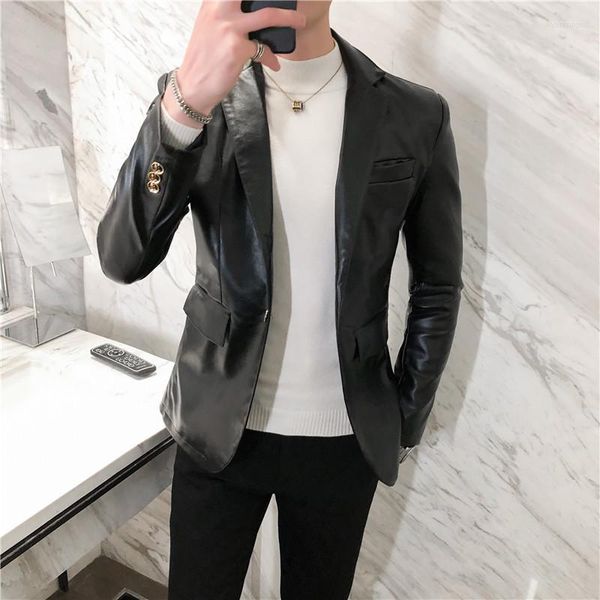 Ternos masculinos Blazers masculinos Blazer Hombre PU Jackets de couro Men Moda Solid Slim Fit One Button Business Casual para o estilo coreano