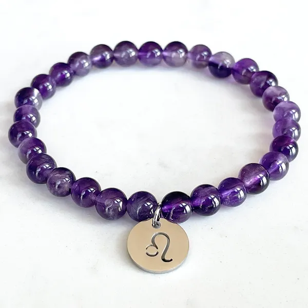 Strand MG1753 Moda Womens Leo Zodiac Bracelete 6 mm Brasil Amethyst chakra ioga pulso mala mala j￳ias de pedras preciosas naturais