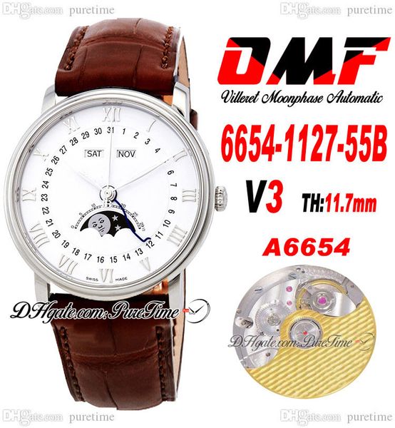 OMF Villeret Função complicada A6554 Relógio masculino automático V3 40mm 6654-1127-55b Caixa de aço de aço Dial branco Marcadores romanos de prata Brown Leather Super Edition Puretime D4