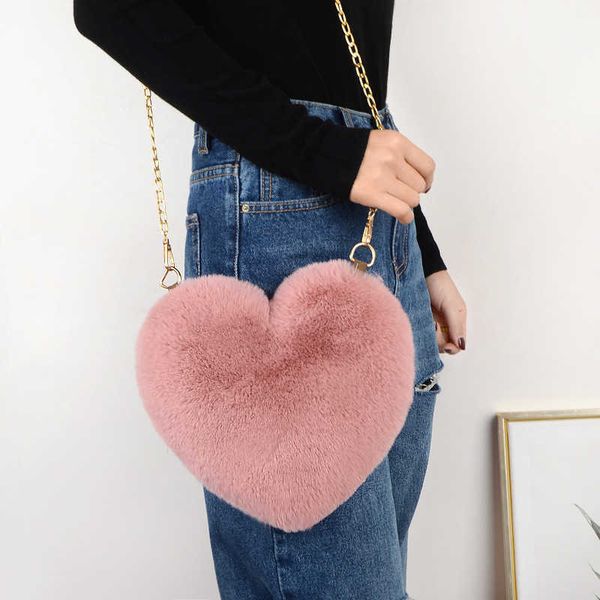 Borse a tracolla borsa a forma di cuore di pesca pelo di coniglio carino amore donna a forma di cuore a forma di mano da donna in peluche