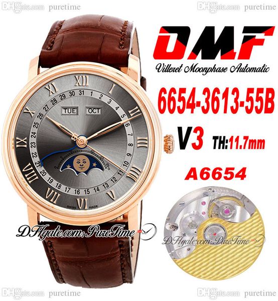 OMF Villeret Сложная функция A6554 Automatic Mens Watch v3 40mm 6654-3613-55b Розовое золото серое набор римские маркеры коричневые кожаные ремешки Super Edition Pure E5