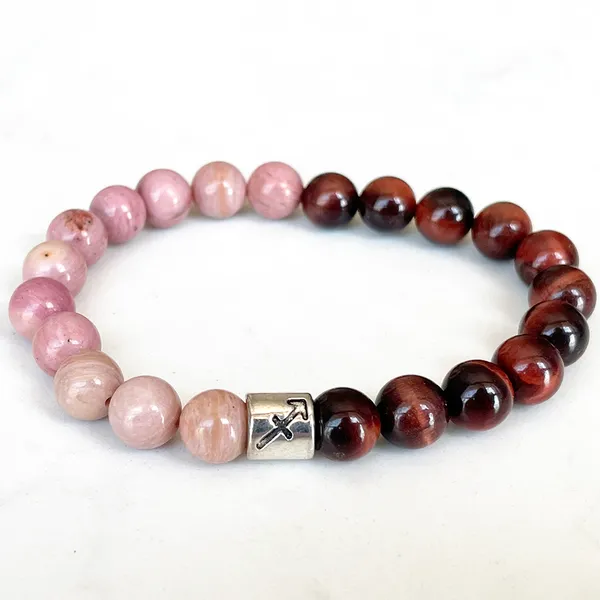 Strand MG1690 Braccialetto zodiacale Sagittario di alta qualità 8 MM Grado occhio di tigre Rhodonite Energy Wrist Mala Gioielli con pietre preziose naturali