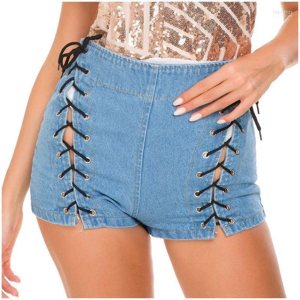 Frauen Jeans Frauen Sexy Sommer Frauen Denim Shorts 2022 Blau Hohe Taille Kurze Femme Strand Bottom Lace Up Bandage Hosen # 0406g30