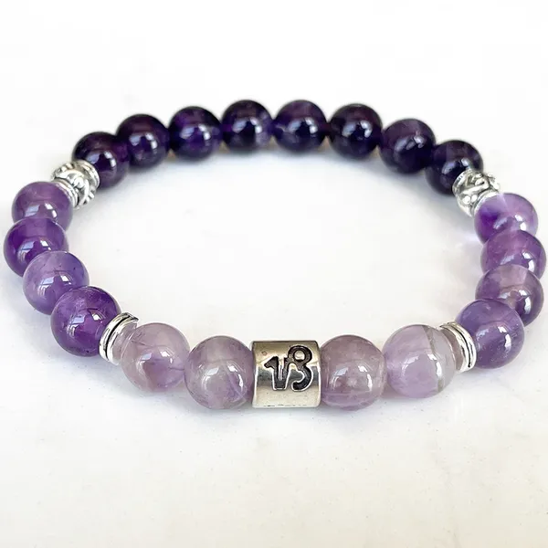 Strand MG1680 Bracciale Capricorno Zodiaco per donna 8 MM Ametista Viola Lavanda Cristallo Energia Polso Mala Gioielli con pietre preziose naturali