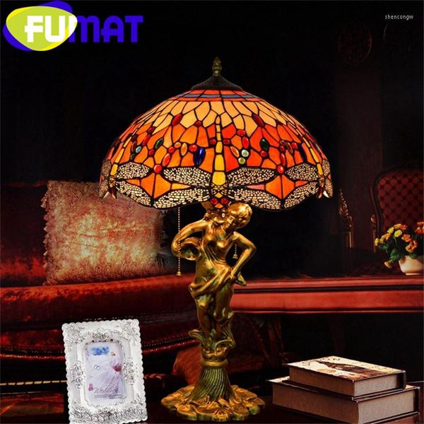 Tischlampen FUMAT Tiffany Europäischen Barock Stil Buntglas Schreibtischlampe Legierung Traube Libelle Göttin LED Luxus Lichter