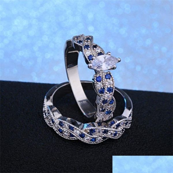Coppia di anelli di lusso 2 pezzi / set taglio marquise classico argento placcato diamante cz fidanzamento anello nuziale set gioielli taglia 6-12 consegna goccia 2 Dhbo0