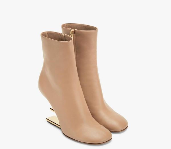 Designer de luxo de inverno primeiro tornozelo botas mulheres nappa couro dedo do pé redondo interior lado zíper cabeça ouro diagonal f forma salto estéreo luxo perfilado com caixa nova