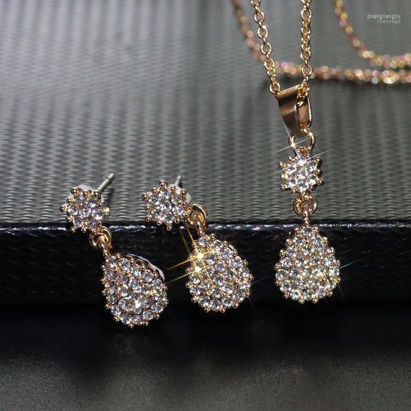 Halskette Ohrringe Set Gold Farbe Für Frauen Luxus Waterdrop Zirkon Braut Anhänger Ohrring Schmuck Geschenk Großhandel KBS267