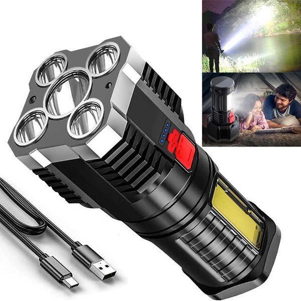 Taschenlampen Starke helle 5-Kern-LED-taktische Taschenlampe USB wiederaufladbare leistungsstarke Blitzlampe Hochleistungs-COB tragbare leichte Campinglaterne L221014