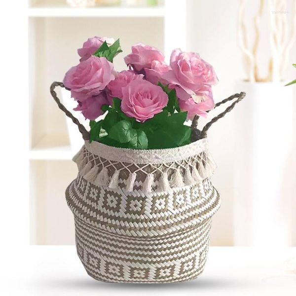 Cestini portaoggetti Macrame intrecciato Seagrass Belly Basket Bohemia Decoration Double Layer White Nappa Lavanderia Picnic Plant Basin Cover 2022