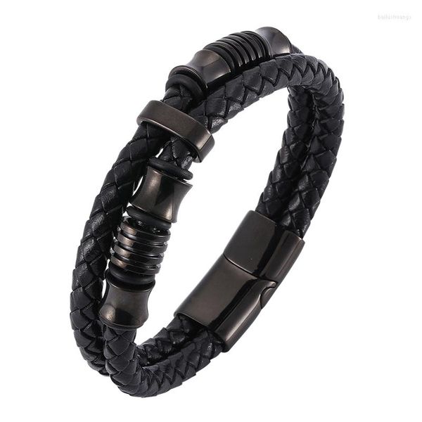 Charm Armbänder Punk Echte Doppelschicht Männer Lederarmband Schwarz Silber Farbe Magnetverschluss Herren Armreifen Rock Schmuck BB518